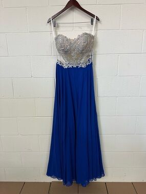 Women’s- Amelia Strapless Royal Blue Dress with Silver Lace Bodice